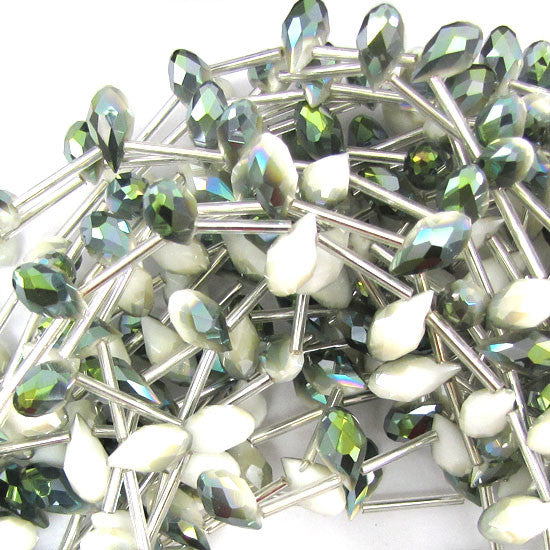 6x12mm faceted quartz teardrop beads 15.5" strand white green