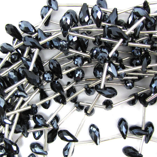 6x12mm faceted quartz teardrop beads 15.5" strand jet blue