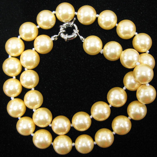12mm yellow shell pearl round beads necklace 18"
