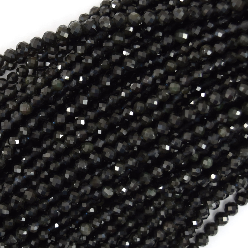 Natural Faceted Black Obsidian Round Beads 15" Strand 3mm 4mm 6mm 8mm 10mm 12mm