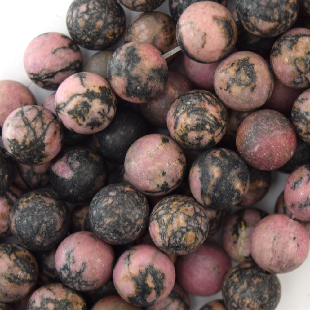 12mm matte black pink rhodonite round beads 15" strand
