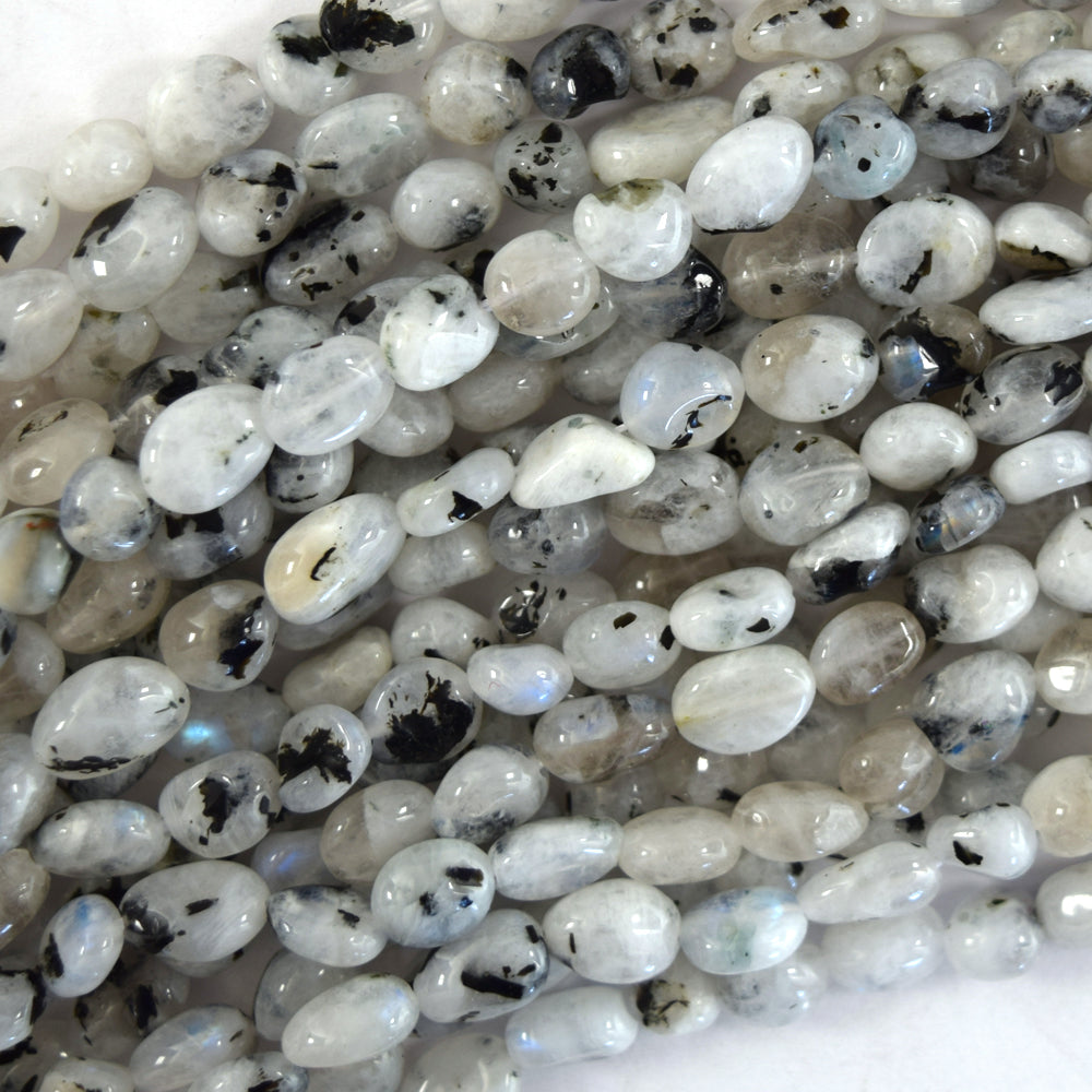 Natural Black White Moonstone Pebble Nugget Beads 15.5" Strand 6-8mm 8-10mm