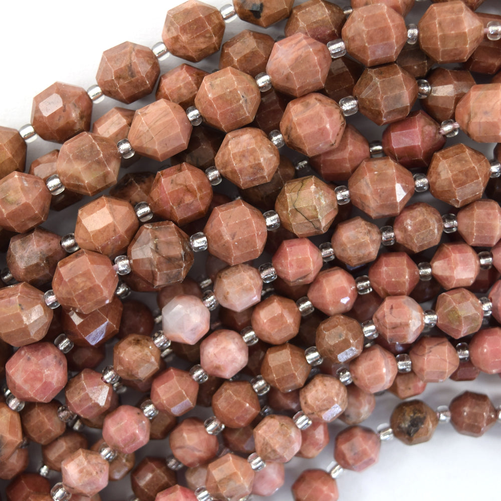 Natural Pink Rhodonite Prism Double Point Cut Faceted Beads 15.5" 8mm 10mm