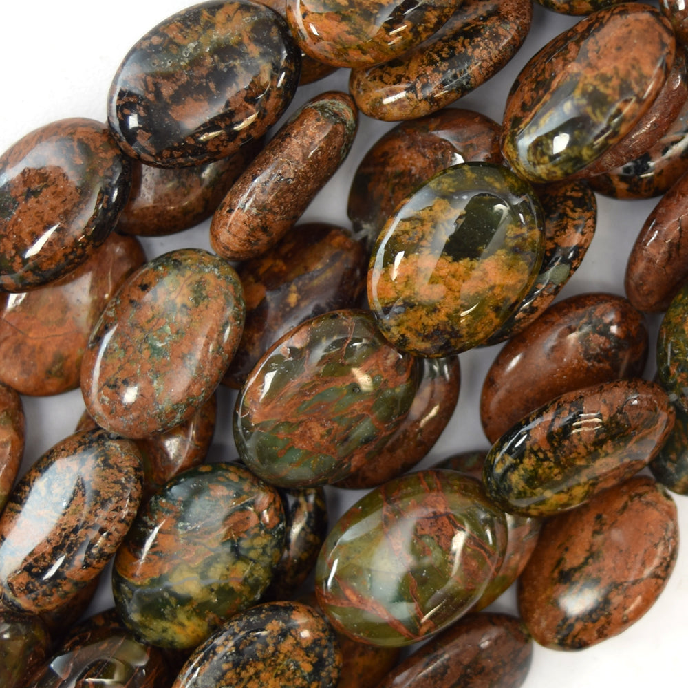 14mm brown green opal flat oval beads 16" strand