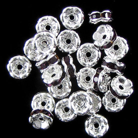 20 6mm silver plated rhinestone rondelle beads dark purple findings