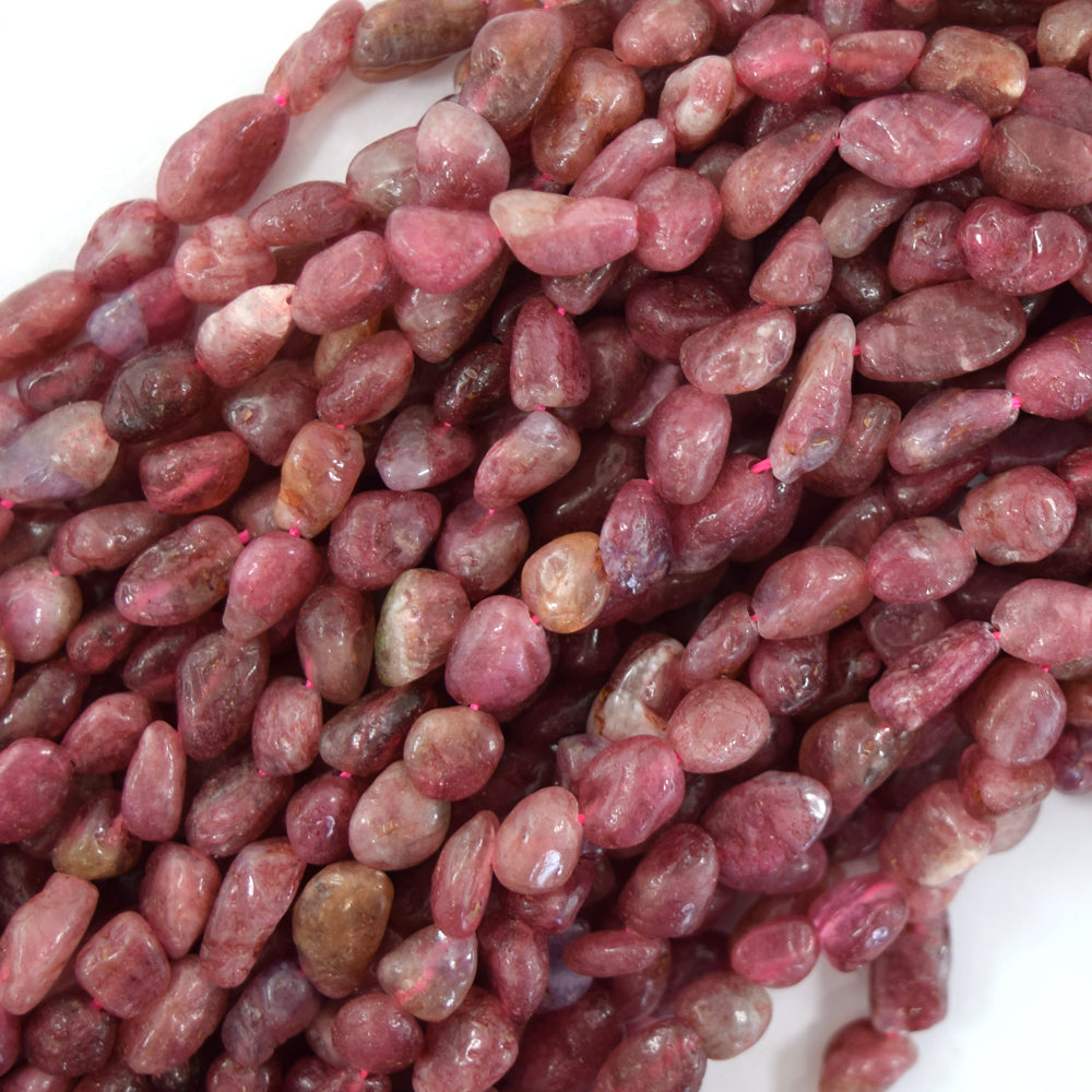 6mm - 8mm natural pink tourmaline pebble nugget beads 15.5" strand