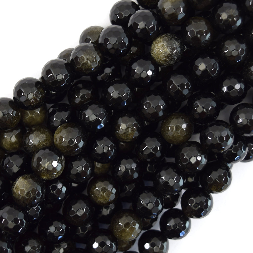 Natural Faceted Black Gold Obsidian Round Beads 15" Strand 3mm 4mm 6mm 8mm 10mm 12mm