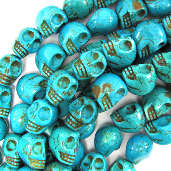 18mm blue turquoise carved skull beads 15" strand