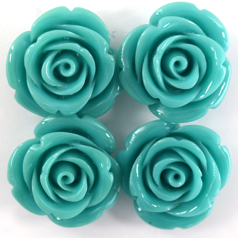 24mm synthetic coral carved rose flower beads 15" strand green 15 pieces