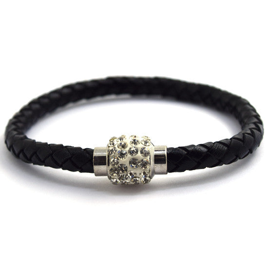 6mm black braided leather steel magnetic clasp bracelet