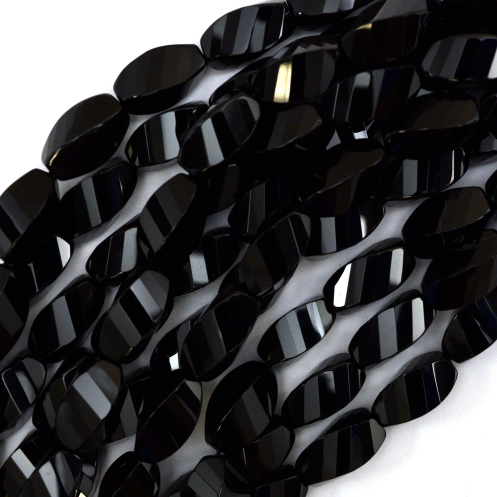 16mm faceted black onyx twist beads 15.5" strand