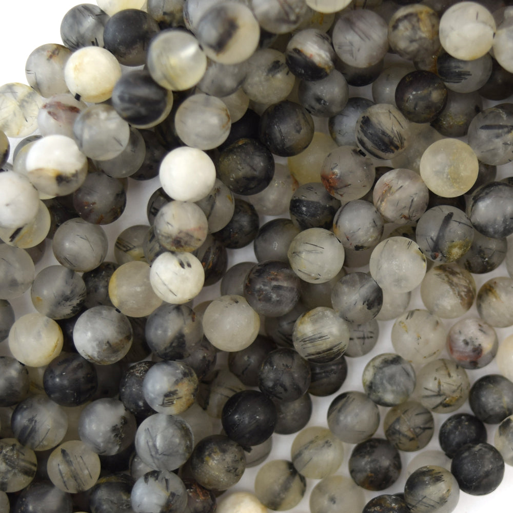 6mm matte black rutilated quartz round beads 15.5" strand