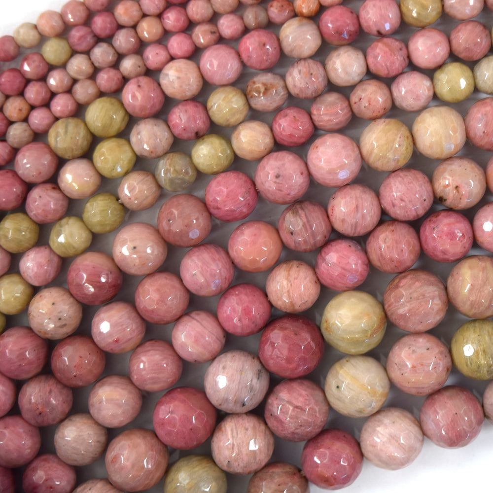 Natural Faceted Pink Rhodonite Round Beads 15" Strand 4mm 6mm 8mm 10mm